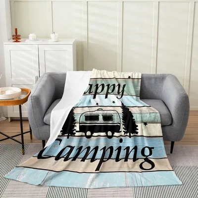 Happy Camping Trailer Blanket featuring a retro camper silhouette
