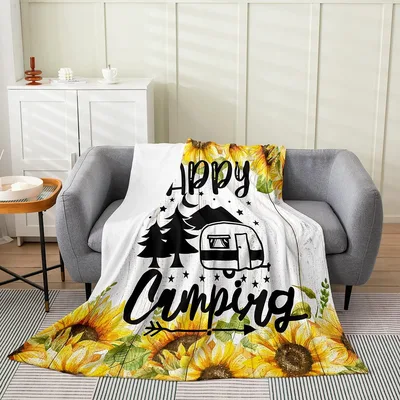 Happy Camping Sunflower Trailer Blanket: Cozy Camper Life Design