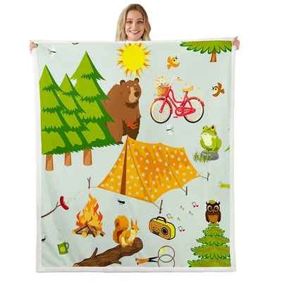 Happy Camping Bear Scene Blanket: A Whimsical Forest Getaway