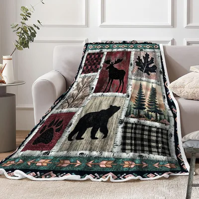 Bear Moose Lodge Patchwork Blanket for Cabin Lovers