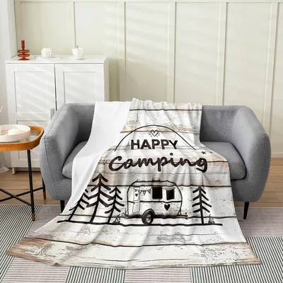 Happy Camping Camper Scene Blanket with Rustic Trailer Art