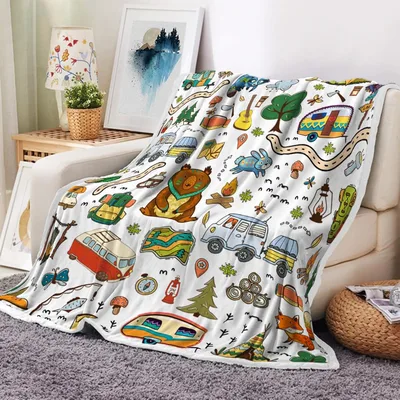 Camping Animals RV Pattern Blanket featuring retro trailers