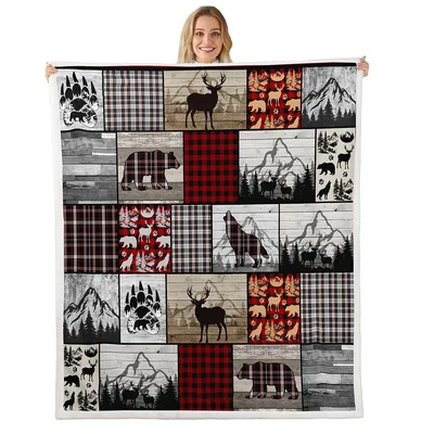 Rustic Cabin Animals Patchwork Blanket features plaid deer