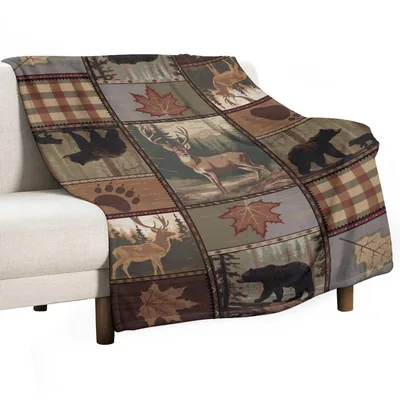 Bears and Moose Lodge Blanket: Retro Patchwork Cabin Design