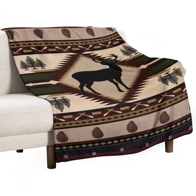 Moose Retro Cabin Pattern Blanket: Vintage Deer & Pine Cone Throw