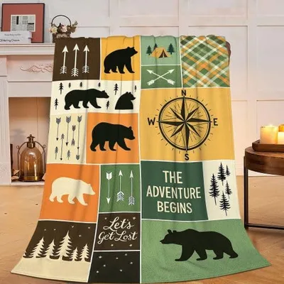 Adventure Begins Bear Compass Blanket for Camp Lovers