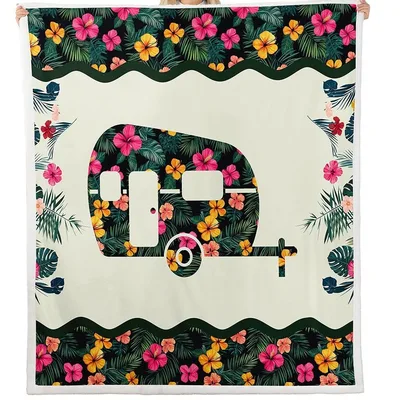 Camper with Tropical Flowers Blanket: Retro Trailer Design