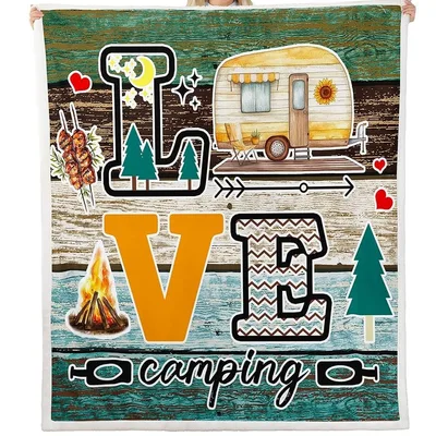 Love Camping Trailer Blanket: Retro Camper and Campfire Design