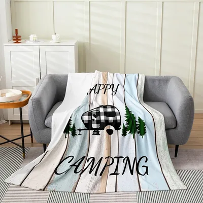Happy Camping RV Scene Blanket with Buffalo Check Trailer
