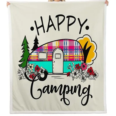 Happy Camping Trailer Blanket No. 2: Vintage Plaid Traveler Design