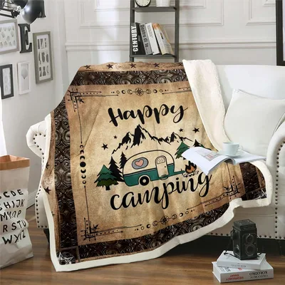 Happy Camping Vintage Damask Blanket for Retro Camper Lovers