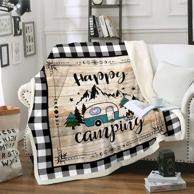 Happy Camping Trailer Plaid Blanket