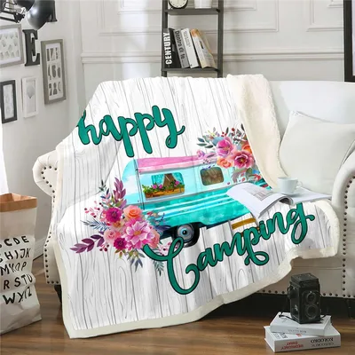 Happy Camping Floral Camper Blanket featuring a teal vintage trailer