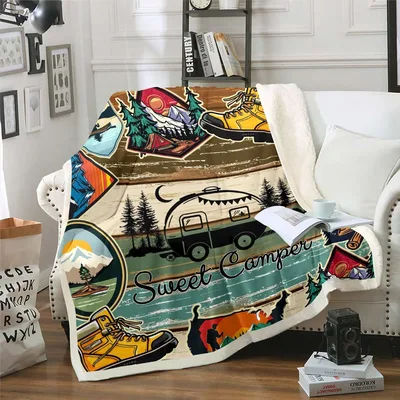 Sweet Camping Vintage Lodge Blanket featuring retro camper art