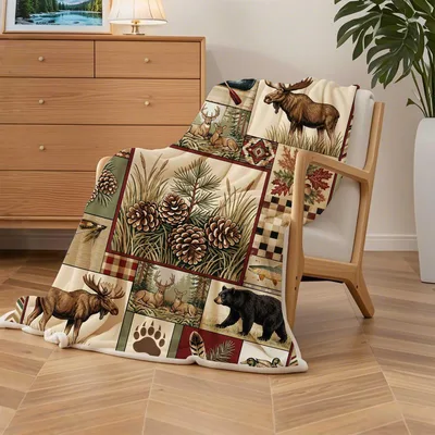 Rustic Bear and Deer Wildlife Blanket: Patchwork Cabin Throw