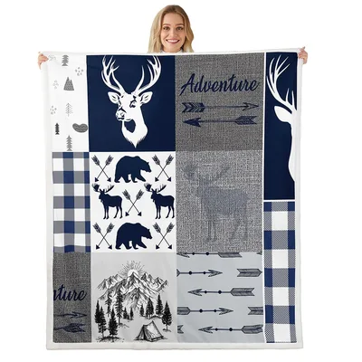 Adventure Deer and Bear Blanket: Rustic Patchwork with Wildlife
