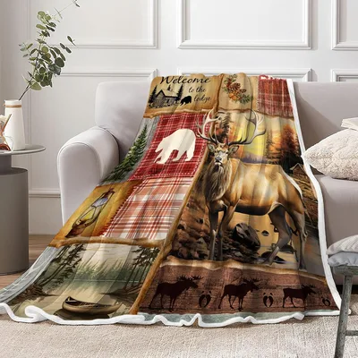 Rustic Cabin Deer Blanket: Welcome to the Lodge Plaid Design