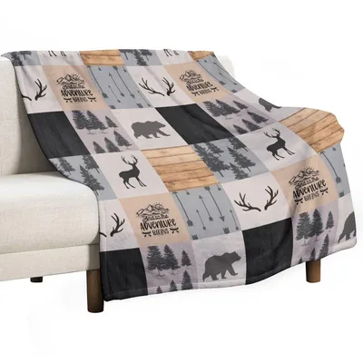 Rustic Camping Bear Deer Blanket: Wild Forest Patchwork Design