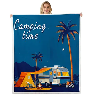 Camping Time Camper Under Blanket: Retro RV and Palm Tree Design
