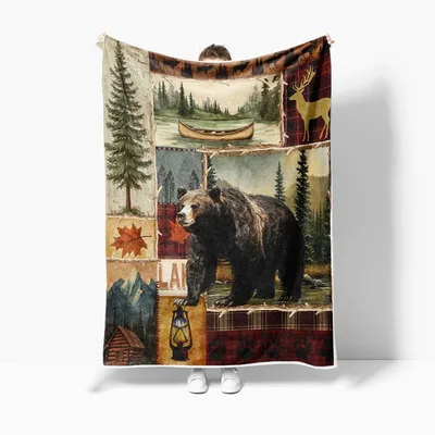 Bear and Canoe Rustic Blanket: Vintage Cabin Patchwork Design