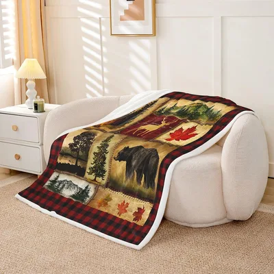 Bear Cabin Forest Plaid Blanket featuring rustic wildlife scenes