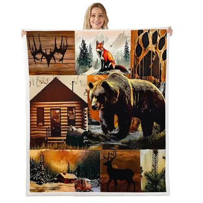 Rustic Lodge Bear Deer Blanket: Cabin Life with Fox and Bear