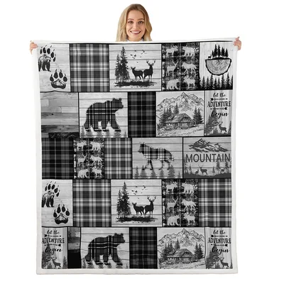 Rustic Woodland Wildlife Patchwork Blanket Cabin Plaid Design