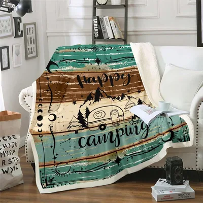 Happy Camping Wood Design Blanket: Rustic Camper Throw for Trailers