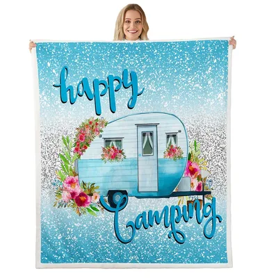 Happy Camping Camper Van Blanket Floral Traveler Design