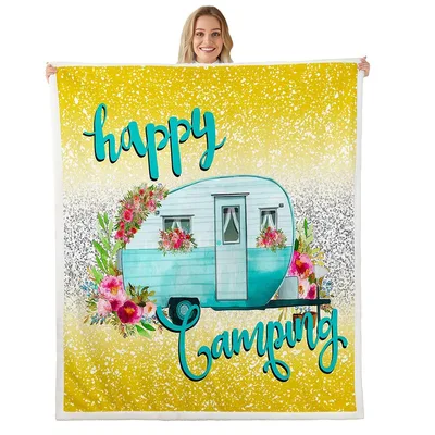 Happy Camping Glitter Camper Blanket: Floral Teal Trailer Design