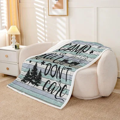 Camp Dont Care Trees Blanket featuring a vintage camper sketch