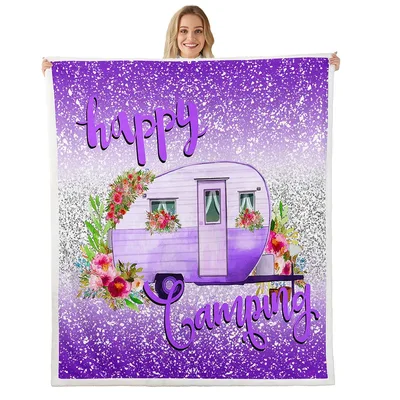Happy Camping Glitter Trailer Blanket: Purple Floral Camper Design