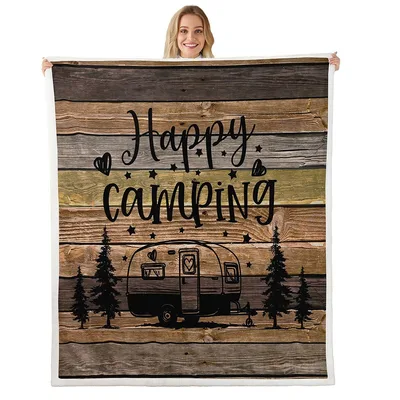 Happy Camping Rustic Wood Blanket for RV Lovers and Trailers