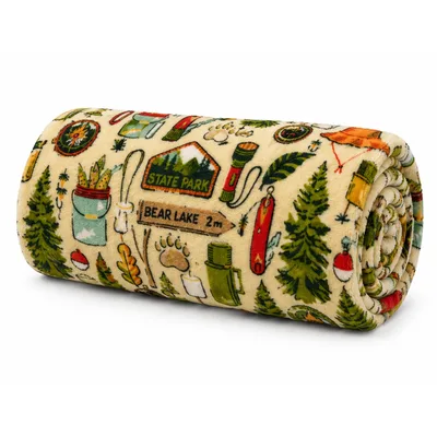 Camping Lodge Outdoor Icons Blanket: State Park and Bear Lake Design