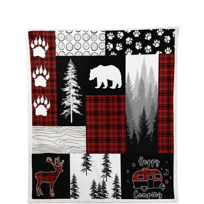 Bear Deer Patchwork Woodland Blanket for Cabin and RV Life