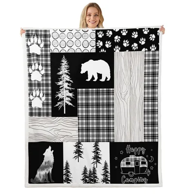 Wolf Bear Happy Camper Blanket featuring rustic patchwork