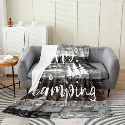 Happy Camping Rustic Print Blanket featuring white script lettering