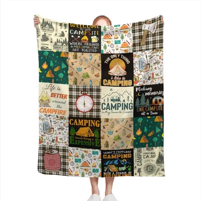 Retro Camping Collage Pattern Blanket for Forest Lovers