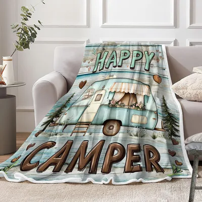 Happy Camper Trailer Blanket: Vintage RV Throw for Road Trip Lovers