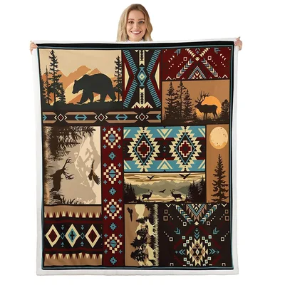 Bear and Deer Bohemian Blanket with Tribal Animal Silhouettes