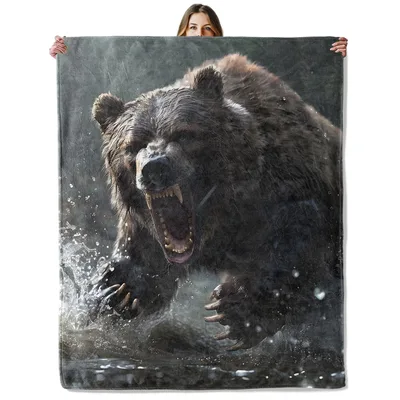 Roaring Bear in Water Blanket Wild Animal Print for Nature Lovers