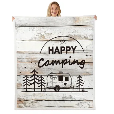 Happy Camping Wood Panels Blanket featuring a vintage camper trailer