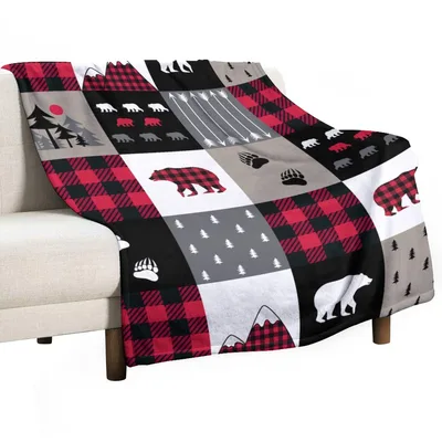 Cabin Bear Patchwork Blanket: Rustic Plaid and Bear Silhouette Design