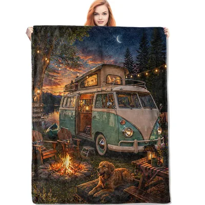 Camper Van Campfire Night Blanket featuring a vintage green van