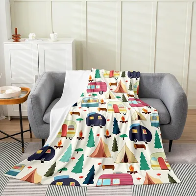 Colorful Camper Trees Pattern Blanket for Road Trip Lovers