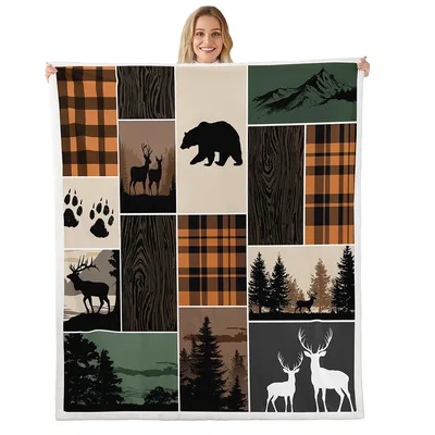 Rustic Cabin Bear Deer Blanket: Patchwork Wildlife Design
