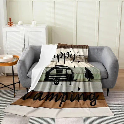 Happy Camping Wooden Camper Blanket: Retro Trailer Design