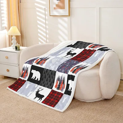 Rustic Bear Deer Patchwork Blanket: Lodge Style Wildlife Design