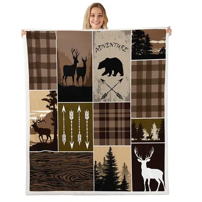Rustic Woodland Deer Bear Blanket: Patchwork Forest Design