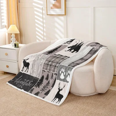 Rustic Bear Deer Adventure Blanket: Patchwork Cabin Style Design